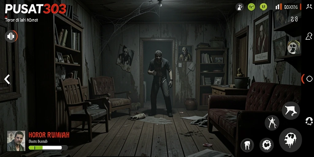 Tampilan menegangkan dalam PUSAT303 saat menjelajahi rumah berhantu.
